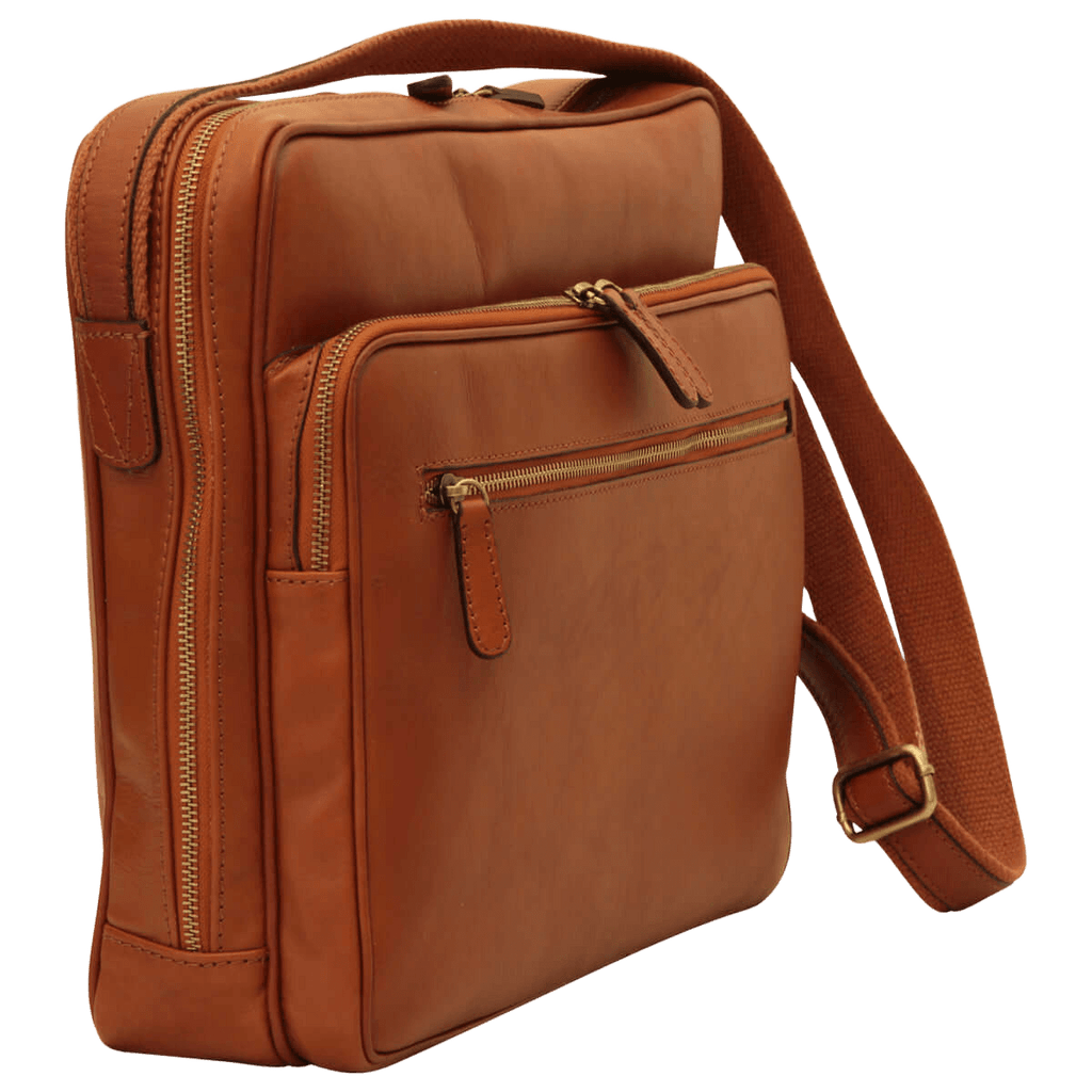 Borsa messenger in pelle marrone con chiusura a zip grande e tracolla