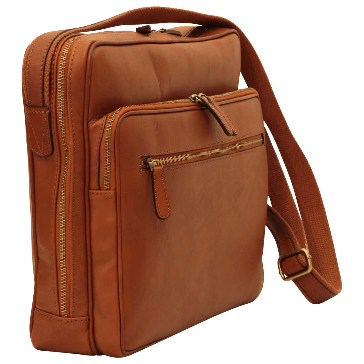 Borsa messenger in pelle marrone con chiusura a zip grande e tracolla