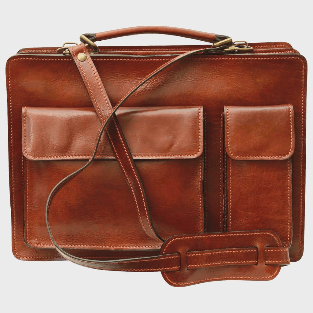 Cartella in pelle marrone con tracolla e due tasche frontali