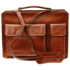 Cartella in pelle marrone con tracolla e due tasche frontali, chiusura con zip