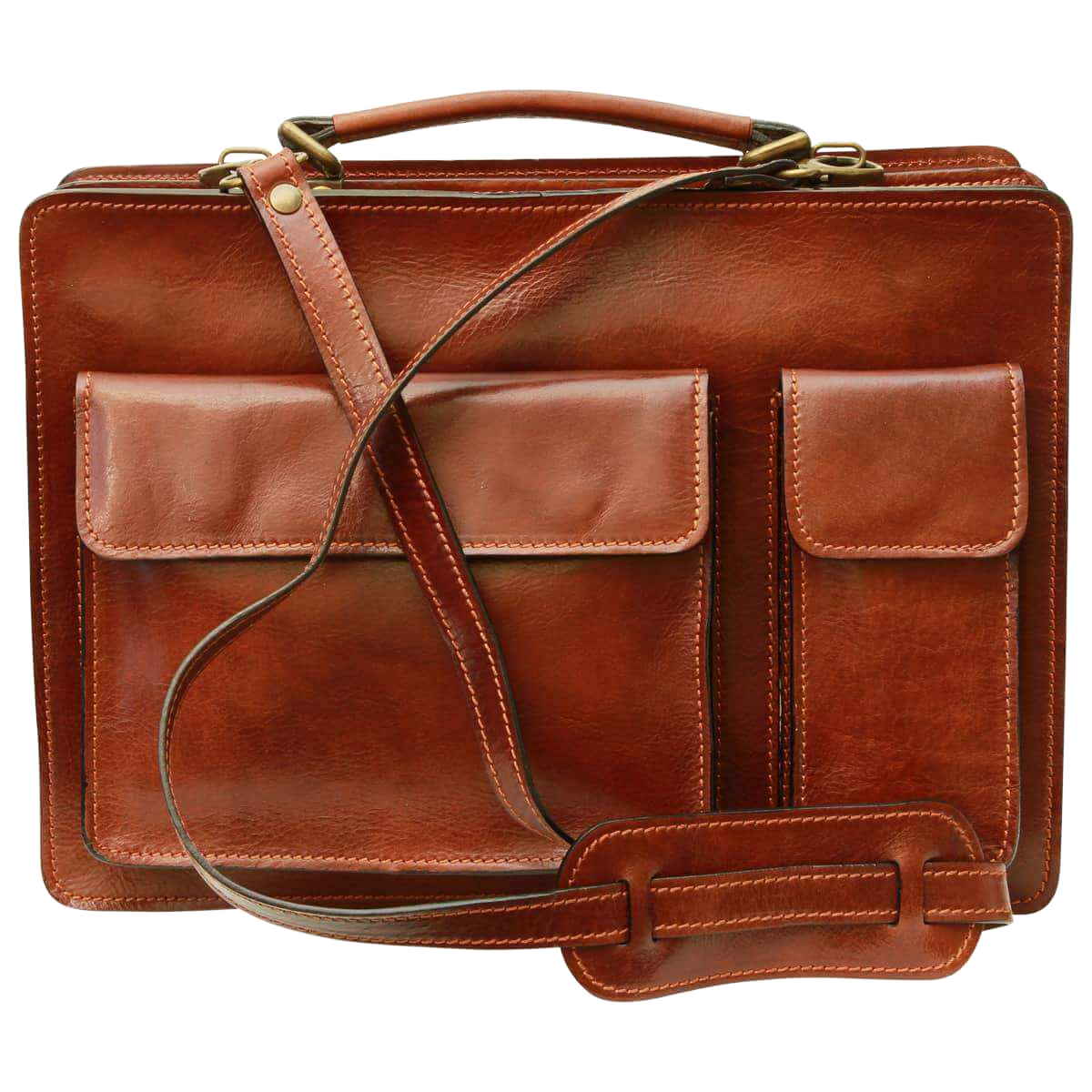 Cartella in pelle marrone con patta frontale e due tasche laterali