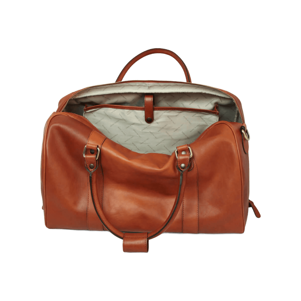 Borsa da viaggio in pelle pieno fiore cuoio, vista interna con fodera chiara e tasche.