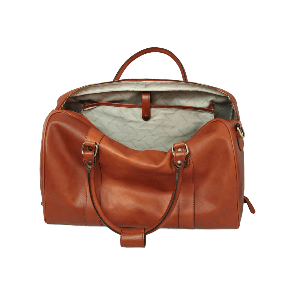 Borsa da viaggio in pelle pieno fiore cuoio, vista interna con fodera chiara e tasche.