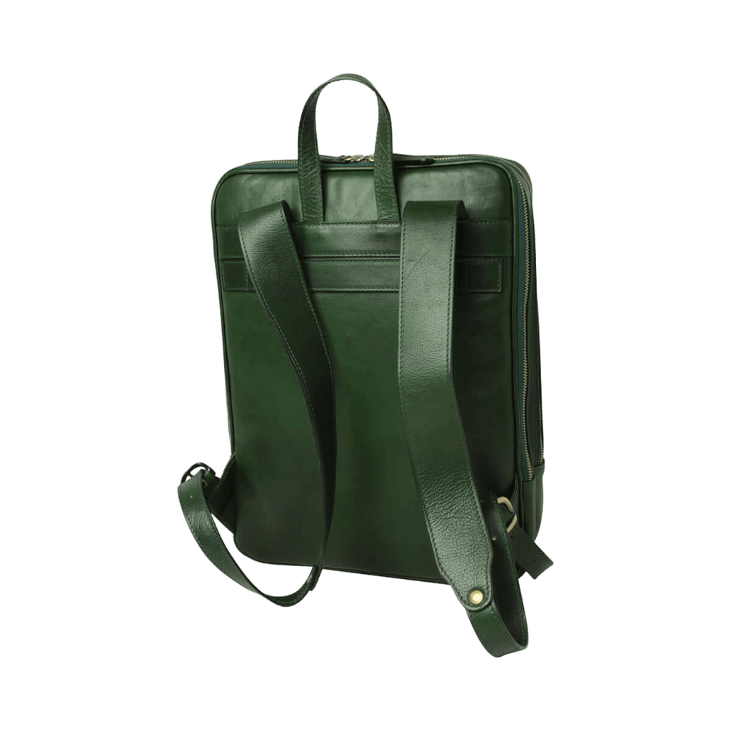 Zaino in pelle verde con spallacci e fascia per trolley, tasche anteriori