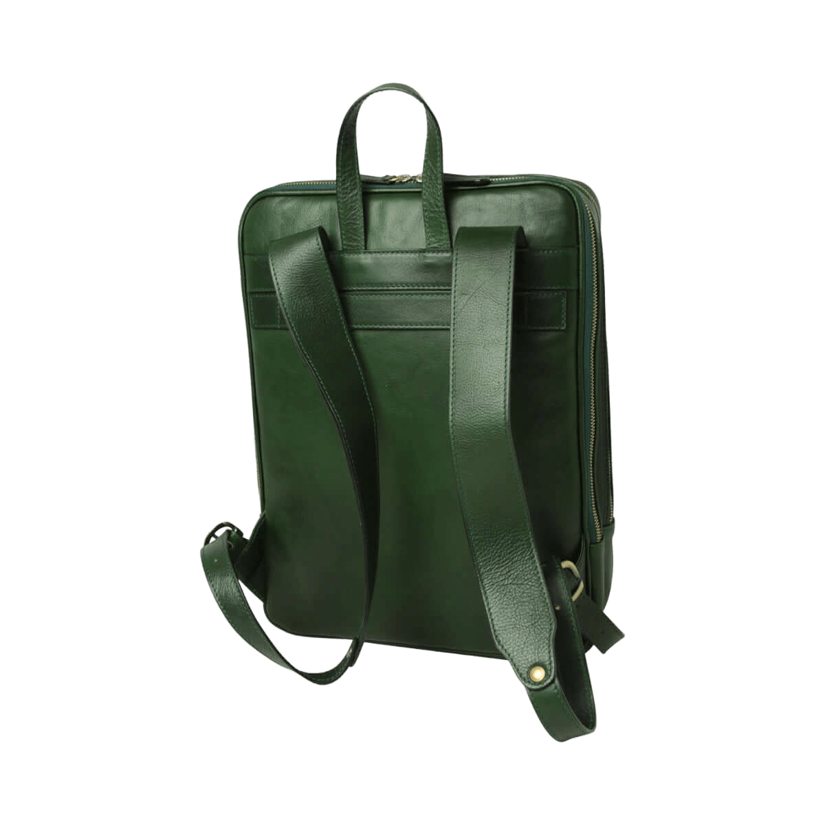 Zaino in pelle verde con spallacci e fascia per trolley, tasche anteriori