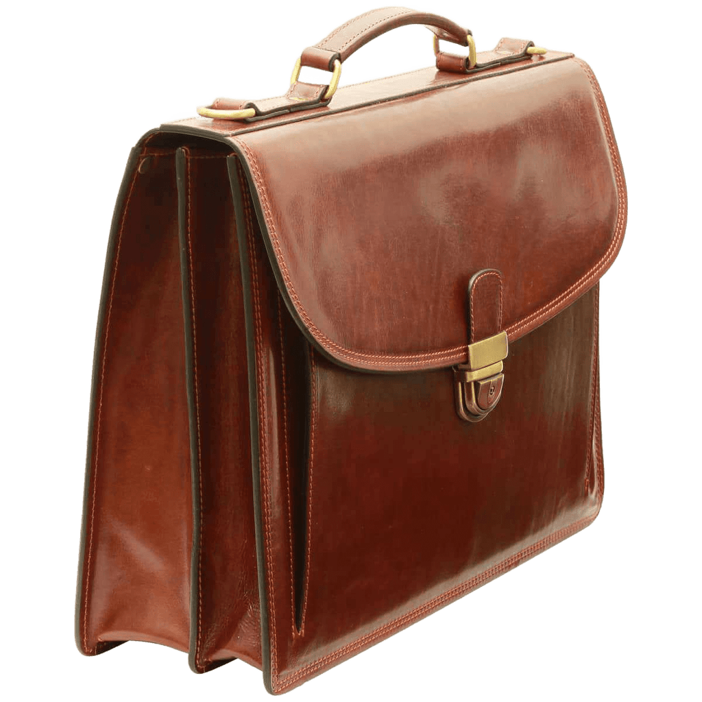 Borsa in pelle marrone con tracolla, profilo laterale e chiusura a fibbia.