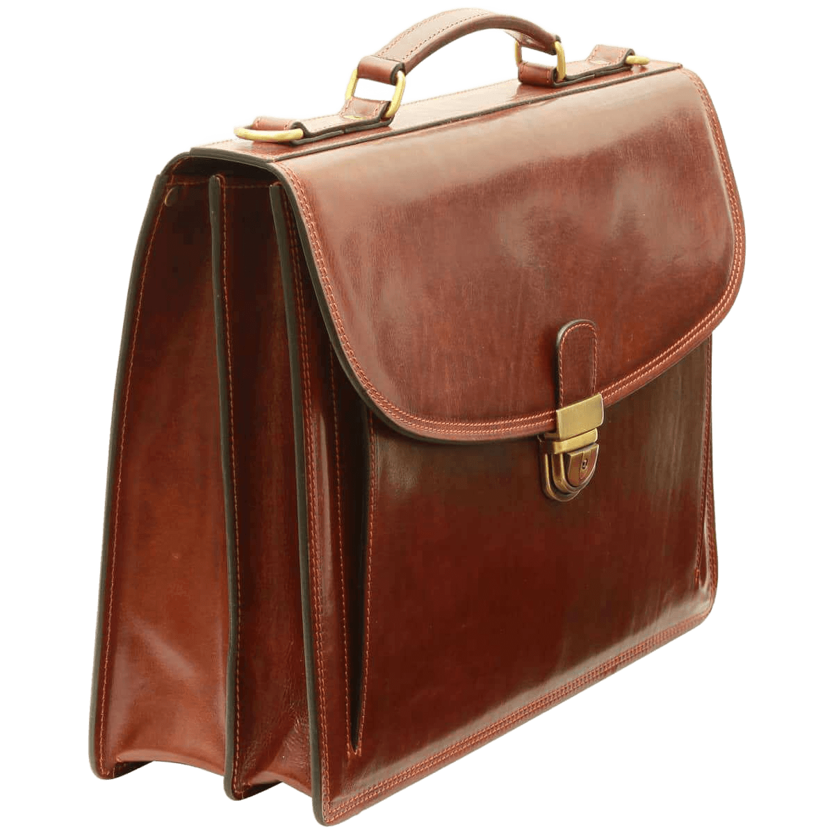Borsa in pelle marrone con tracolla, profilo laterale e chiusura a fibbia.