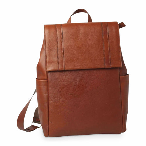 Zaino in pelle teak per laptop, tasca frontale e tracolla regolabile