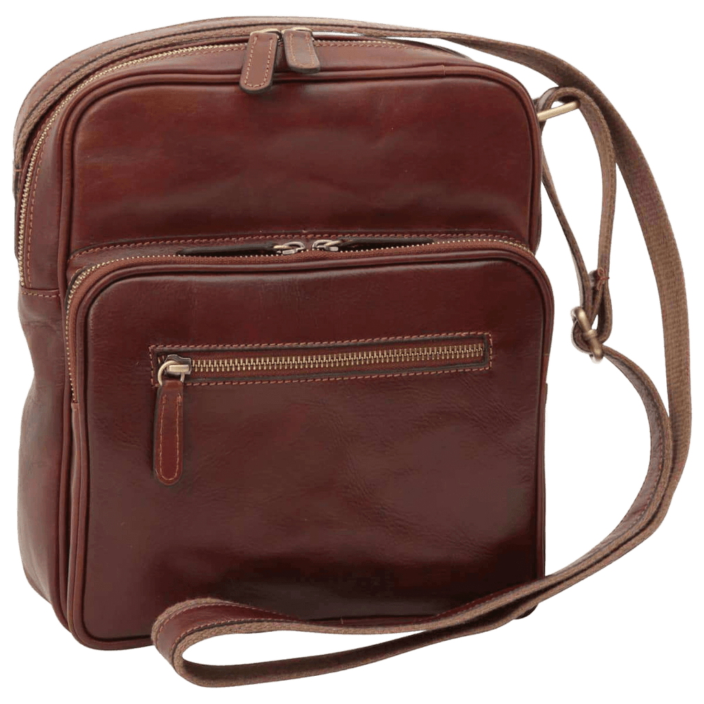 Borsa messenger in pelle marrone con chiusura zip e tracolla regolabile