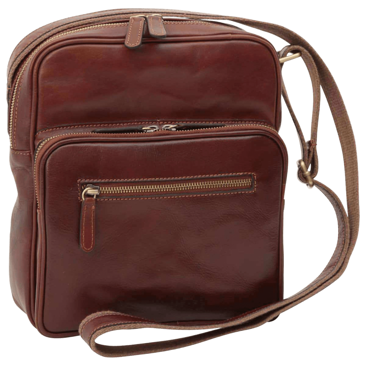 Borsa messenger in pelle marrone con chiusura zip e tracolla regolabile