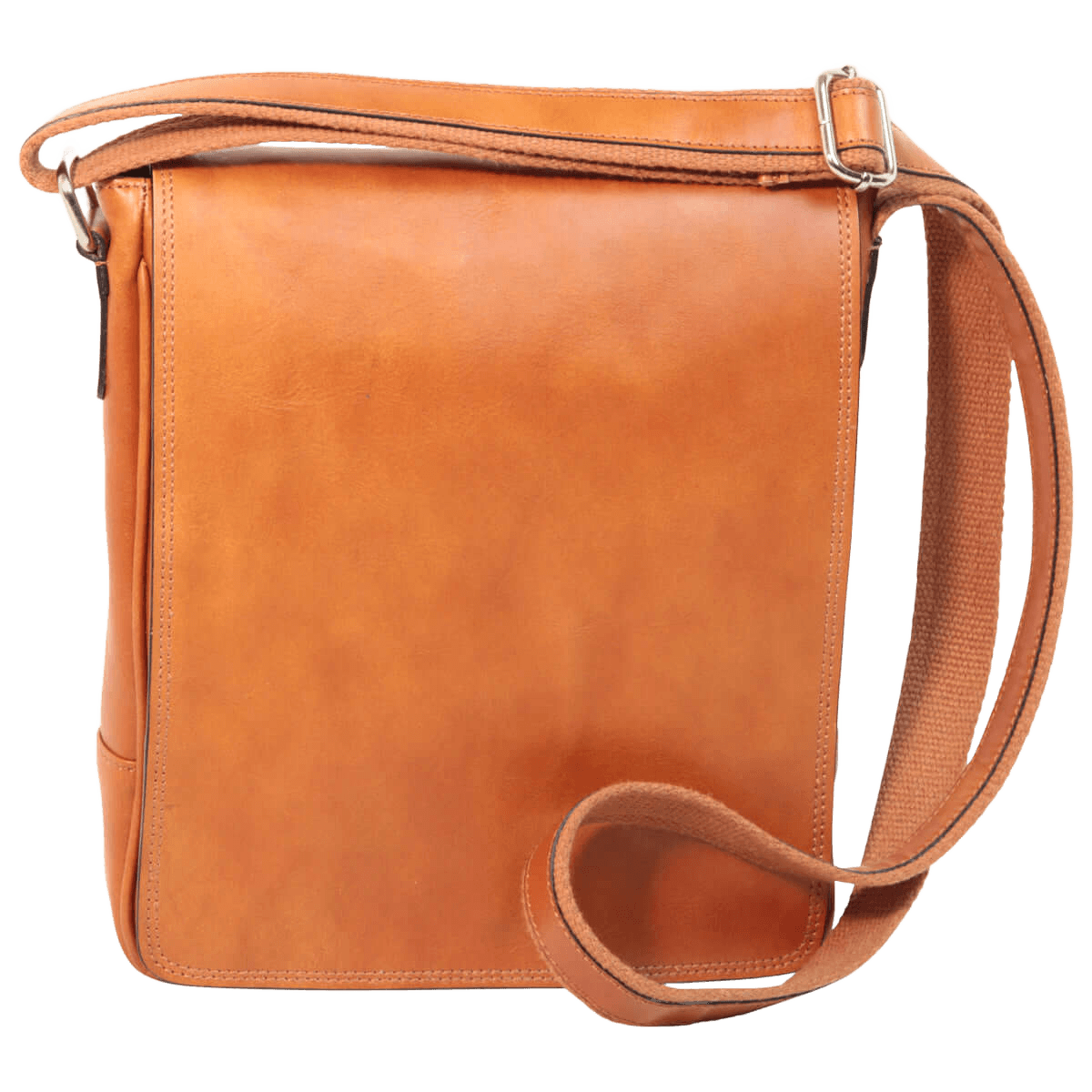 Borsa in pelle marrone per iPad con tracolla e chiusura a zip.