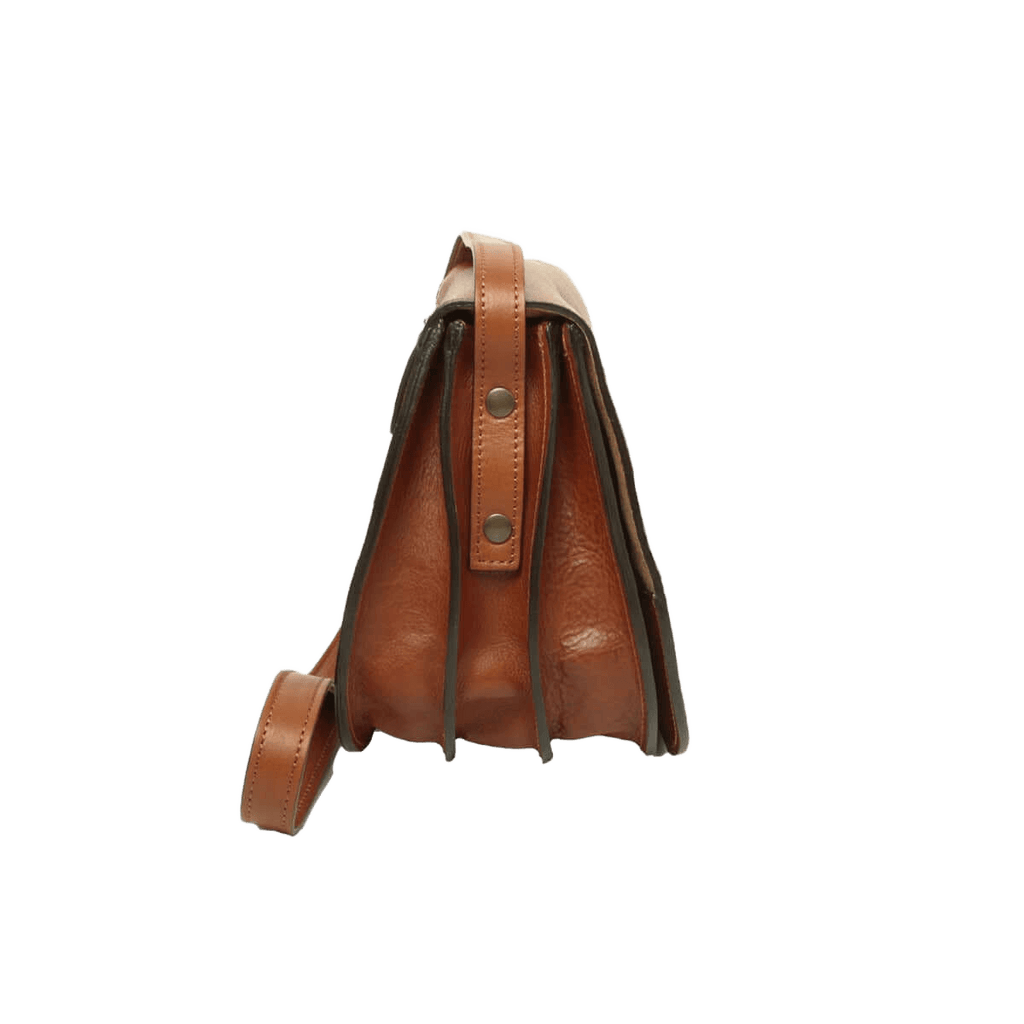 Borsa a tracolla in pelle marrone Teak, dettaglio fibbie e manico/tracolla