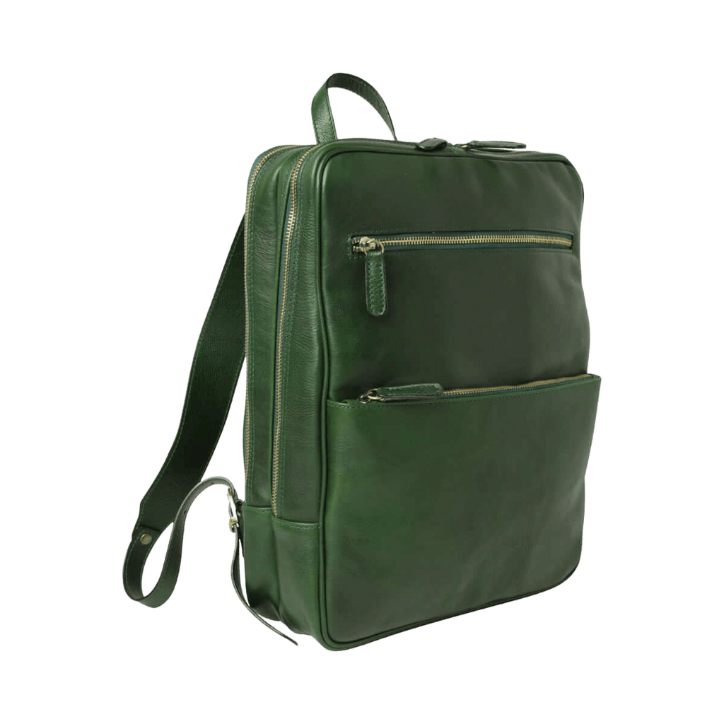 Zaino in pelle verde con zip frontale, maniglia e tracolla esterna
