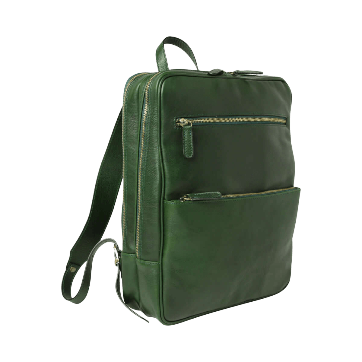 Zaino in pelle verde con zip frontale, maniglia e tracolla esterna