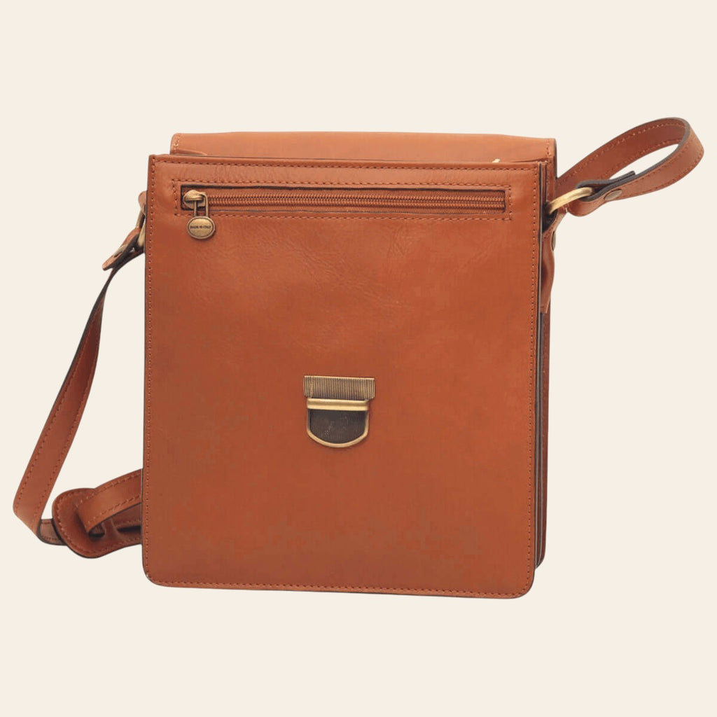 Borsa a tracolla in pelle da uomo marrone con tasca con zip e chiusura centrale