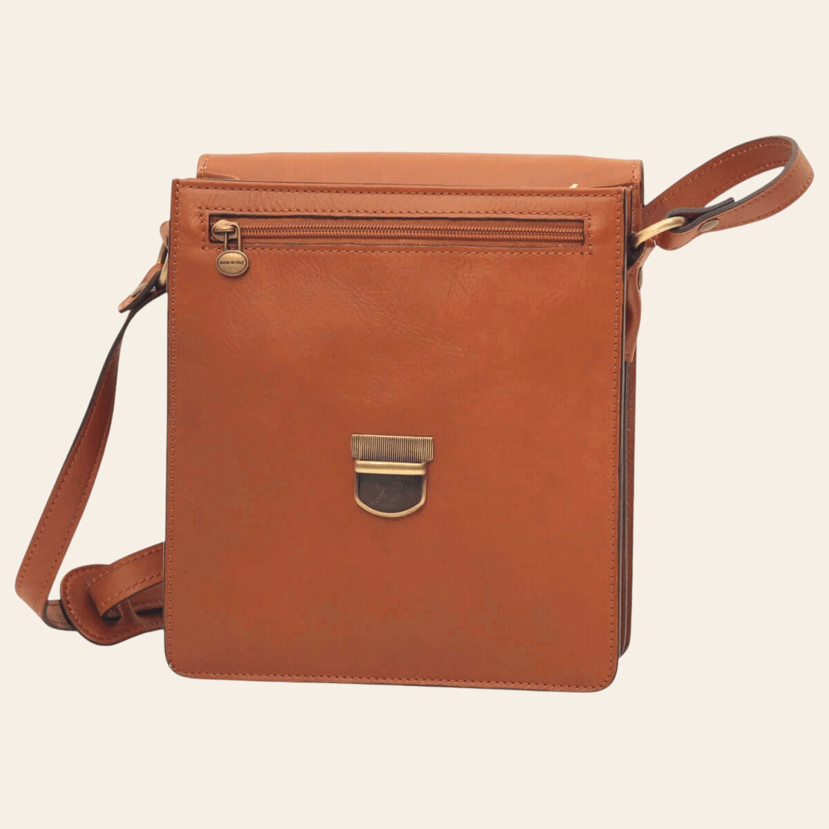 Borsa a tracolla in pelle da uomo marrone con tasca con zip e chiusura centrale