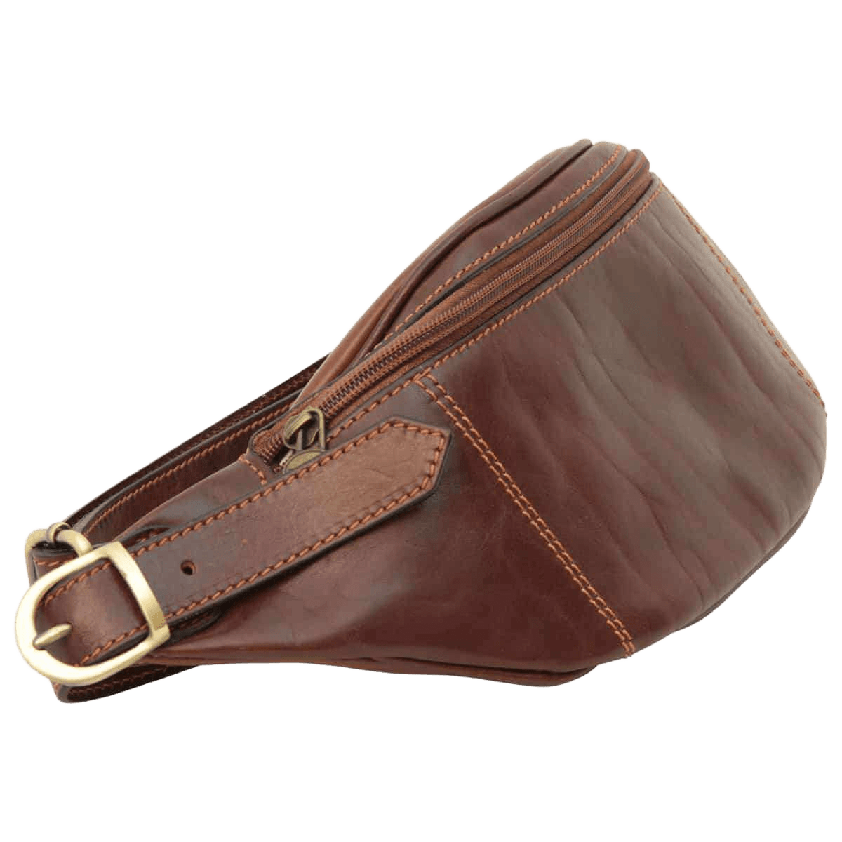 Marsupio in pelle marrone con fibbia e cuciture, tasca con zip