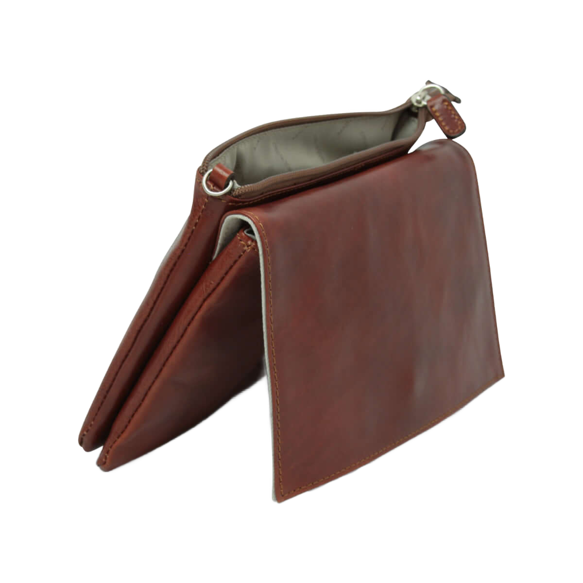 Borsa a tracolla in pelle marrone con interno foderato verde e tracolla