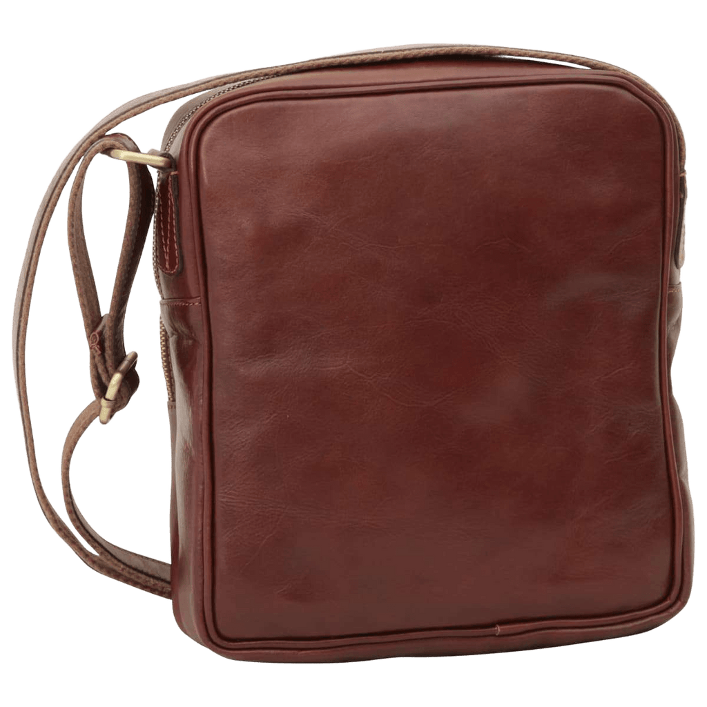 Borsa messenger in pelle marrone piccola con zip superiore e tracolla lunga