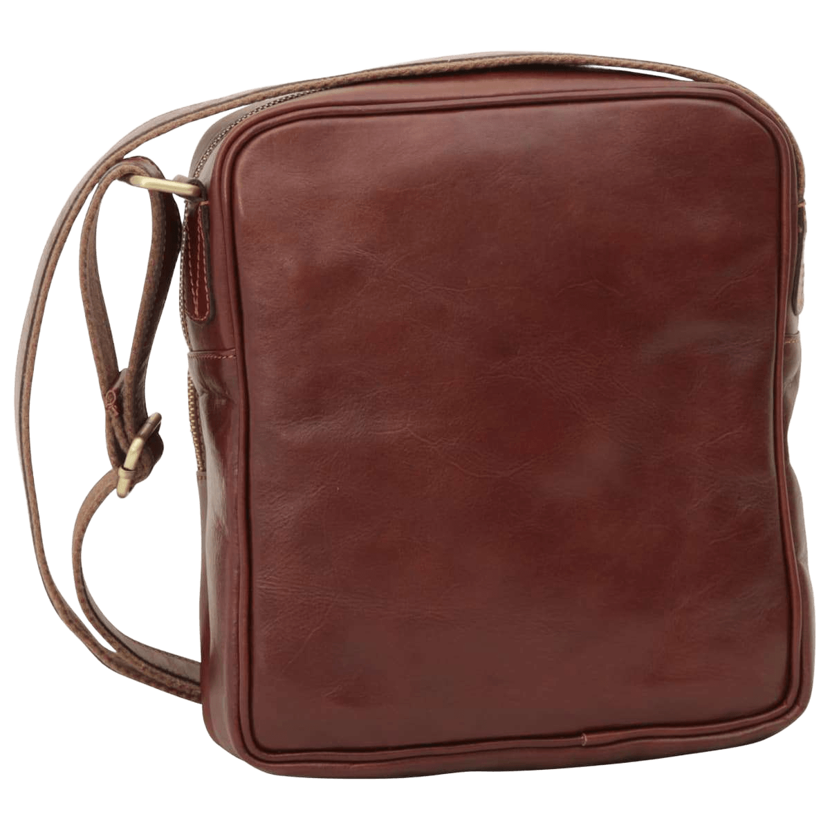 Borsa messenger in pelle marrone piccola con zip superiore e tracolla lunga