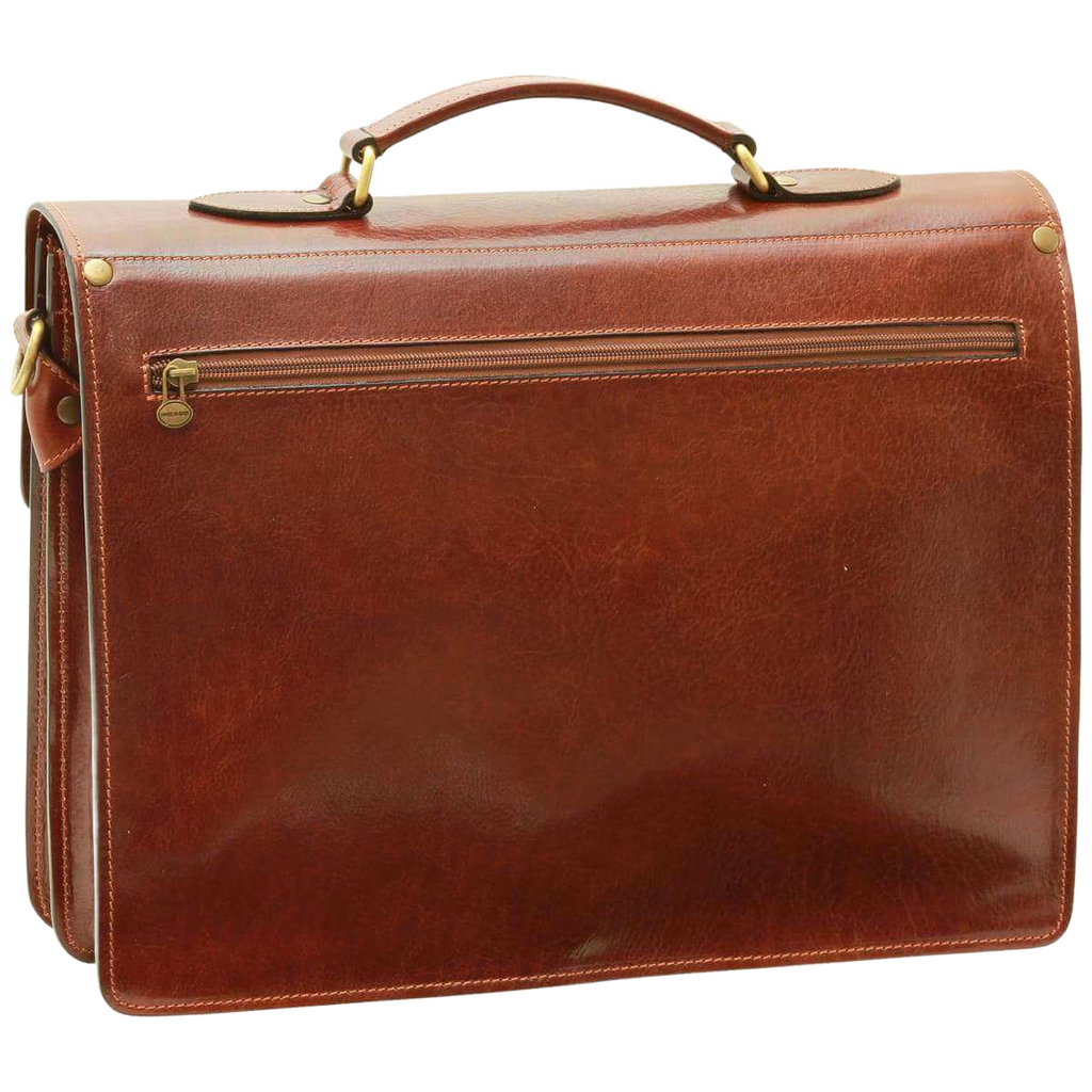 Borsa porta PC in pelle marrone con maniglie e tasca frontale con zip