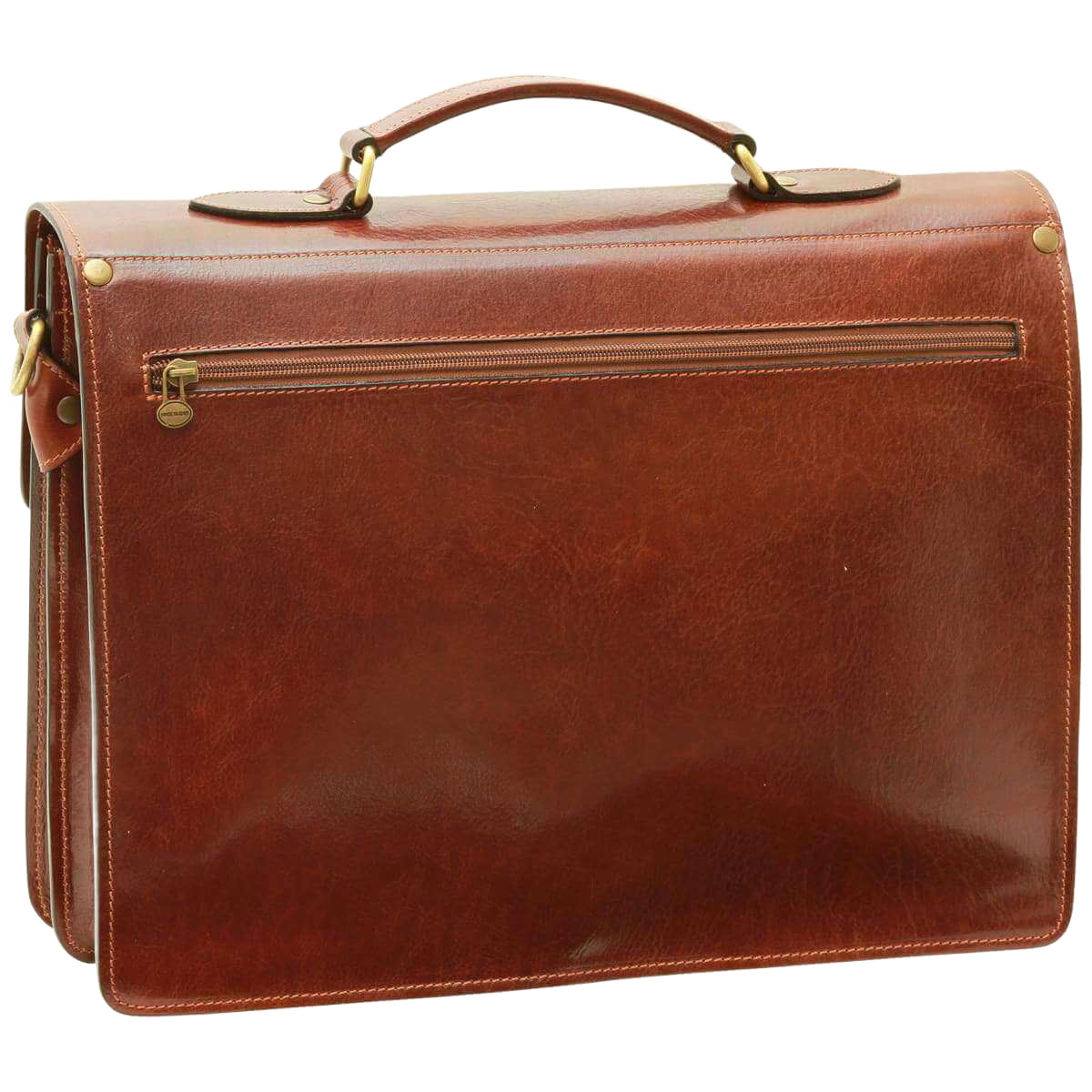 Borsa porta PC in pelle marrone con maniglie e tasca frontale con zip
