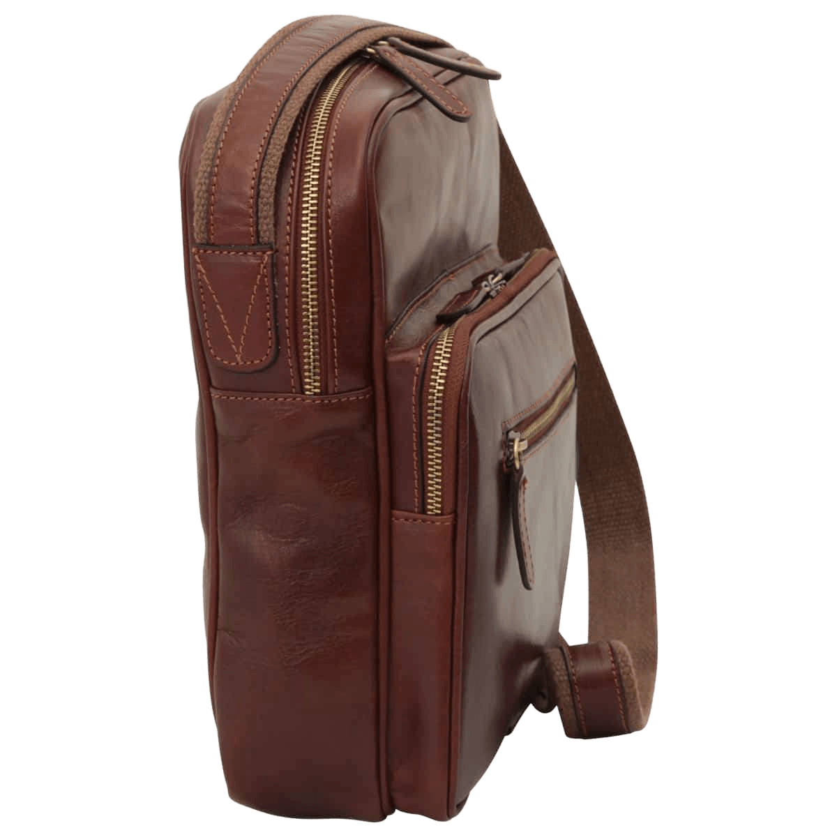 Borsa messenger in pelle marrone con tasche laterali e zip, tracolla