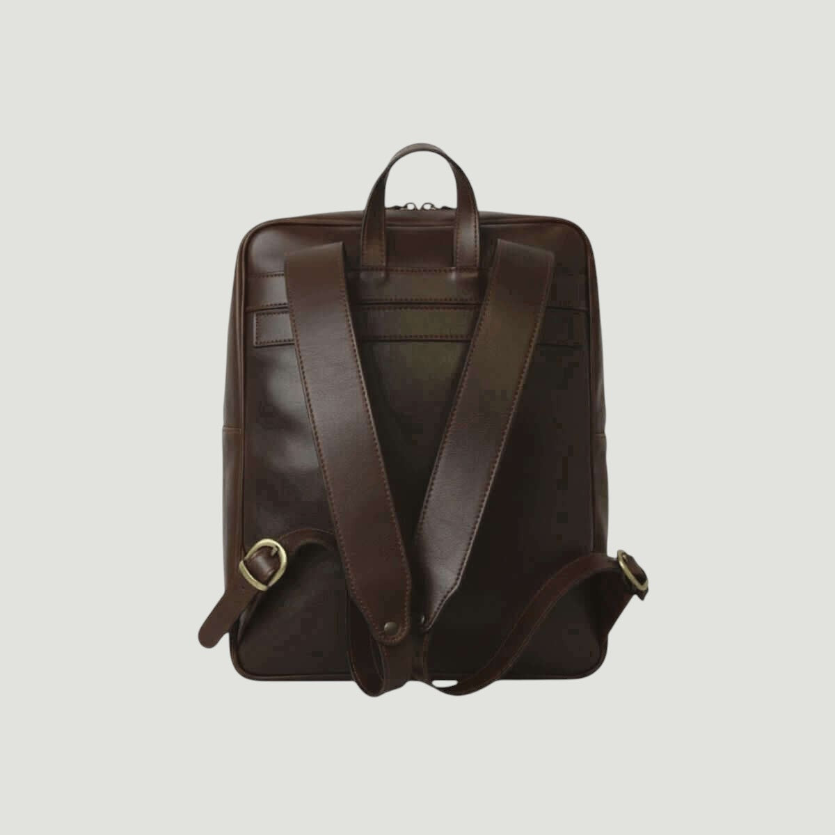 Zaino in pelle di vitello marrone scuro con tracolle e fascetta trolley