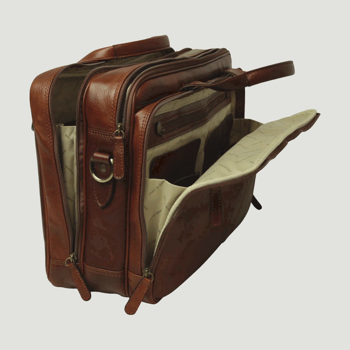 Borsa per laptop in pelle pieno fiore marrone, tasche con zip e tracolla