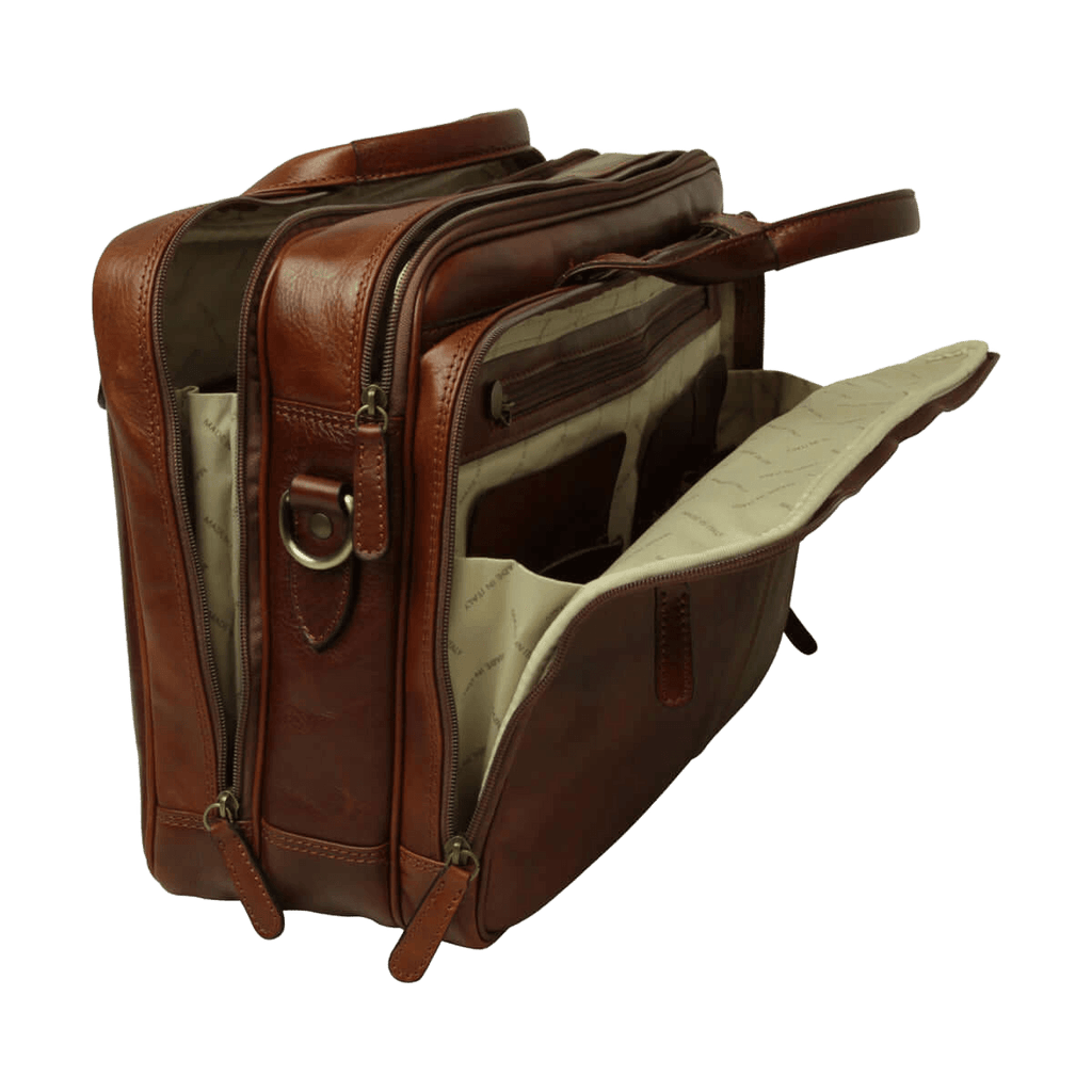 Borsa da laptop in pelle marrone aperta con scomparti interni beige
