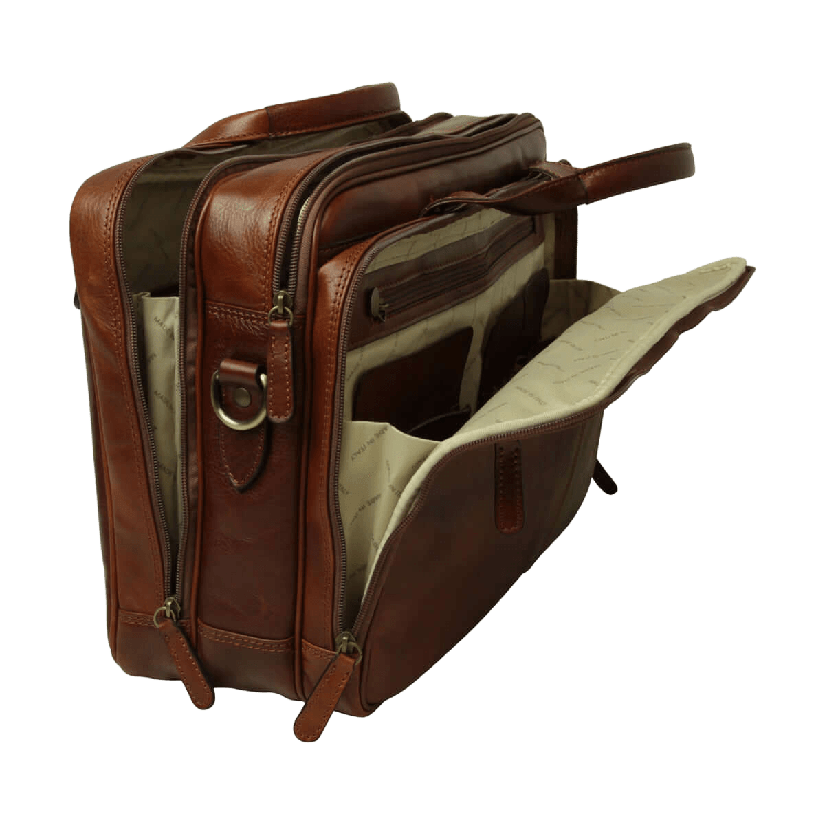 Borsa da laptop in pelle marrone aperta con scomparti interni beige