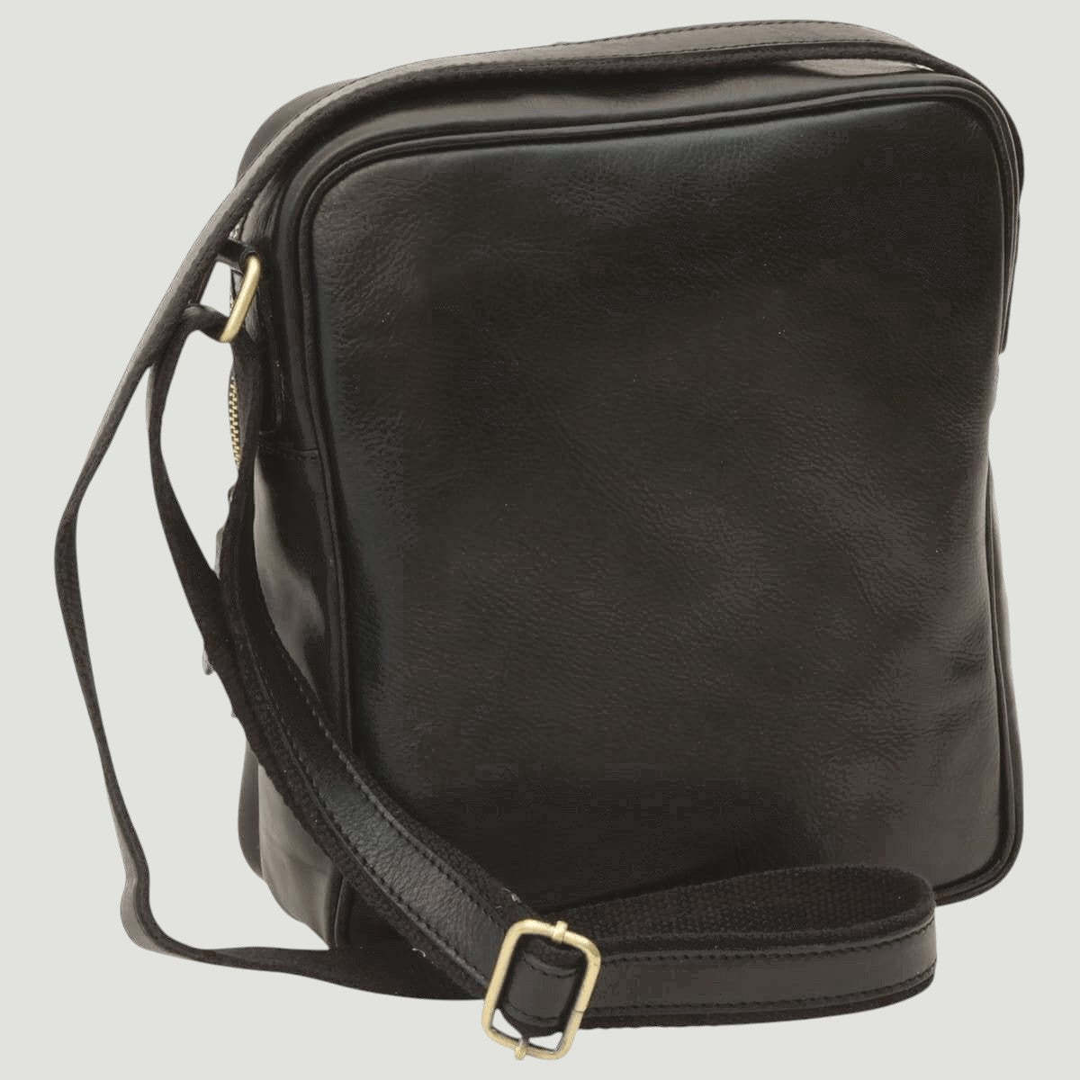 Borsa messenger in pelle nera piccola con zip e tracolla lunga