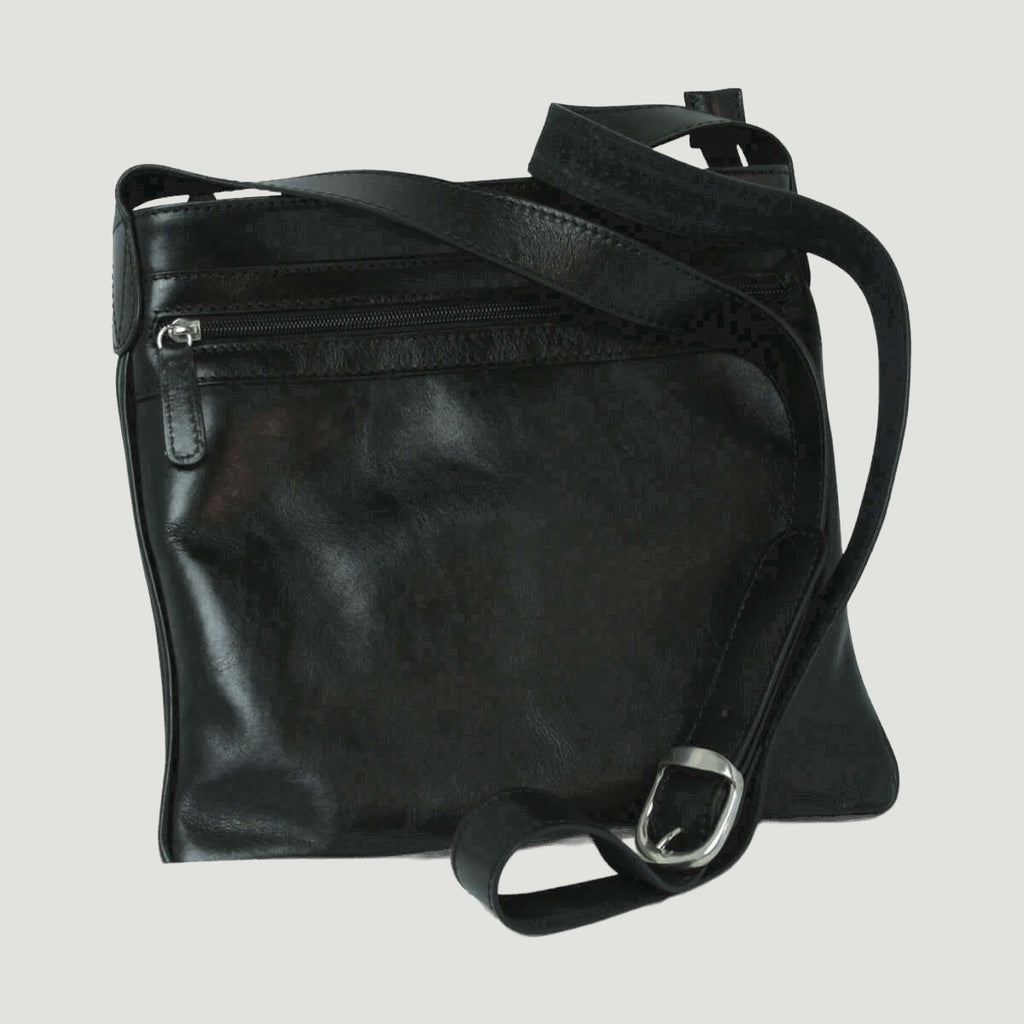 Borsa a tracolla in pelle nera grande con zip frontale e tracolla regolabile con fibbia
