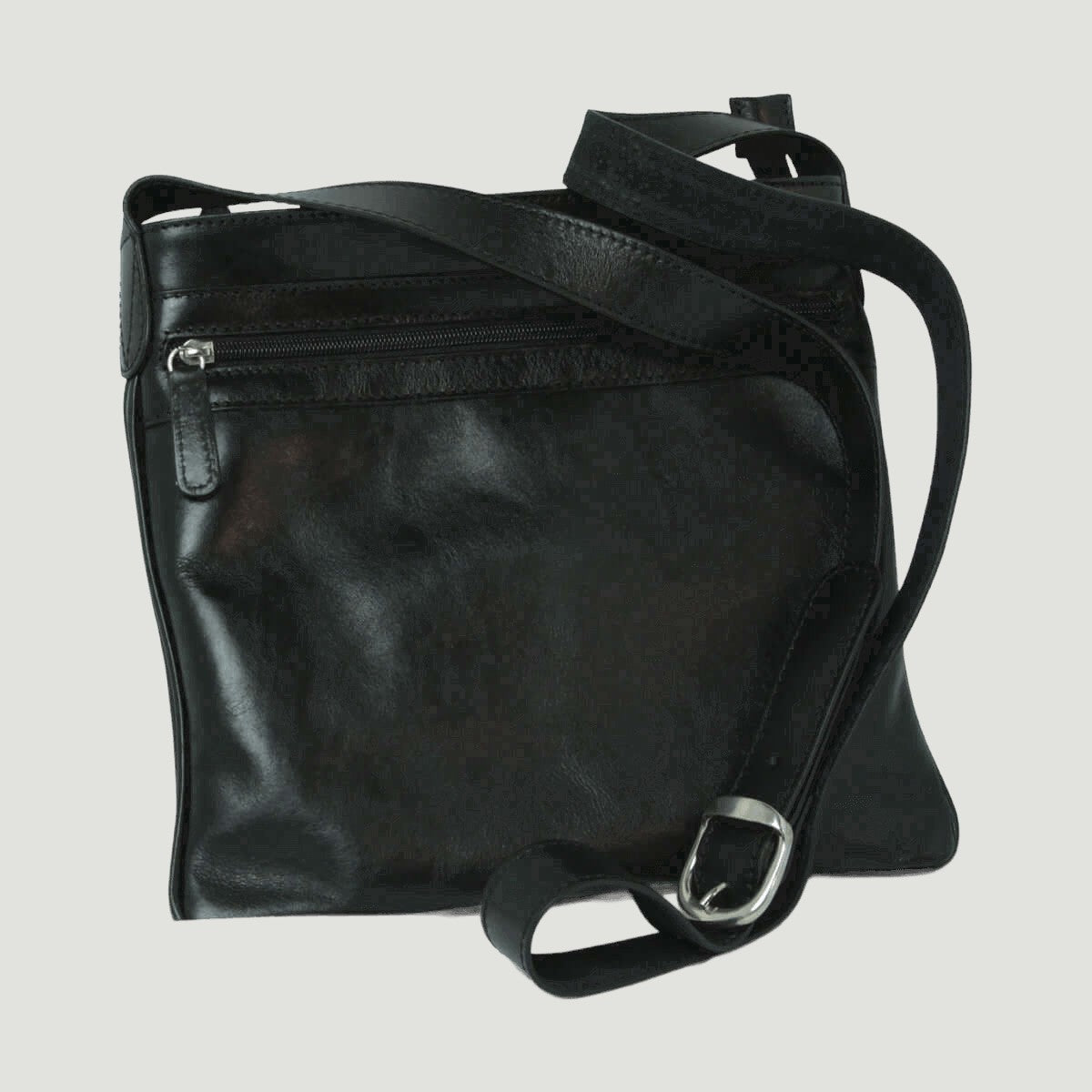 Borsa a tracolla in pelle nera grande con zip frontale e tracolla regolabile con fibbia