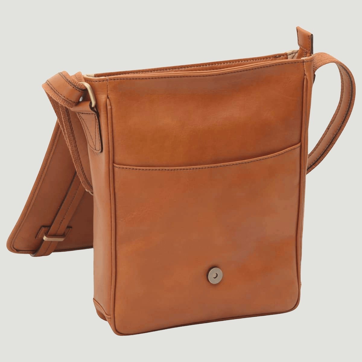 Messenger in pelle arancione con chiusura magnetica tonda e tasca verticale