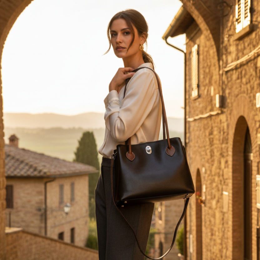 Borsa a Due Manici Bicolore in Pelle Nera | Pieno Fiore | Old Angler