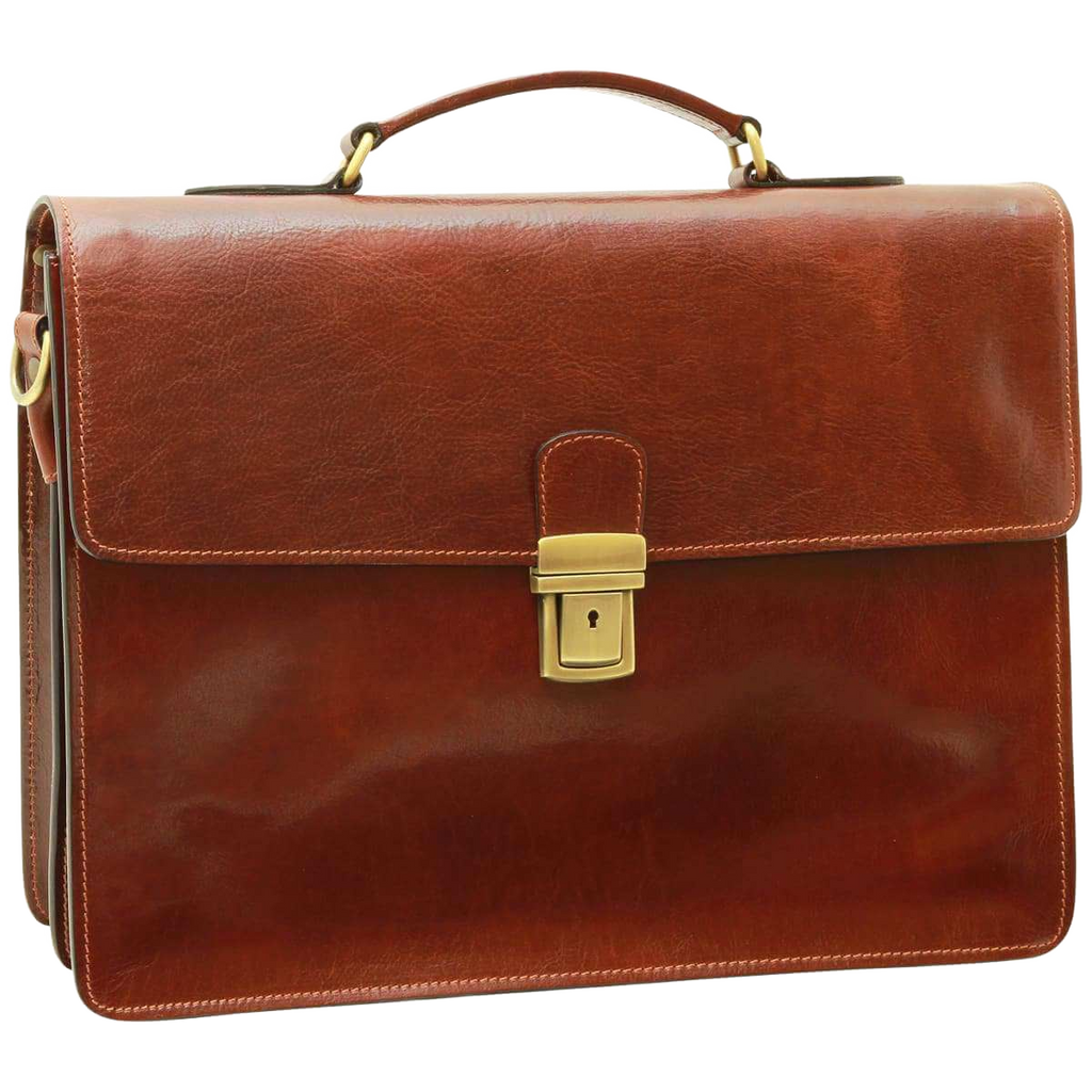 Borsa porta PC in pelle marrone con patta e lucchetto centrale
