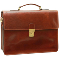 Borsa porta PC in pelle marrone con patta e lucchetto centrale