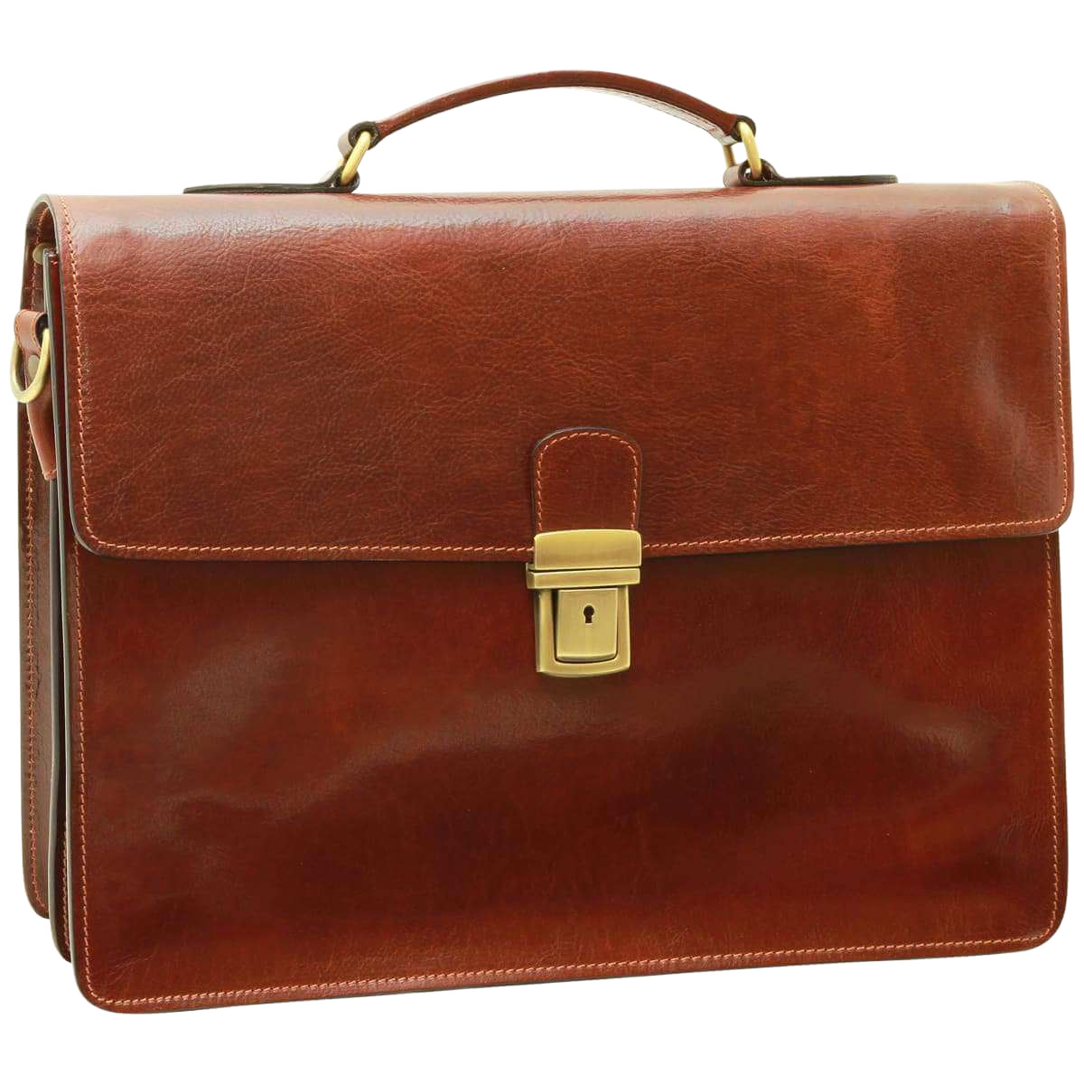 Borsa porta PC in pelle marrone con patta e lucchetto centrale
