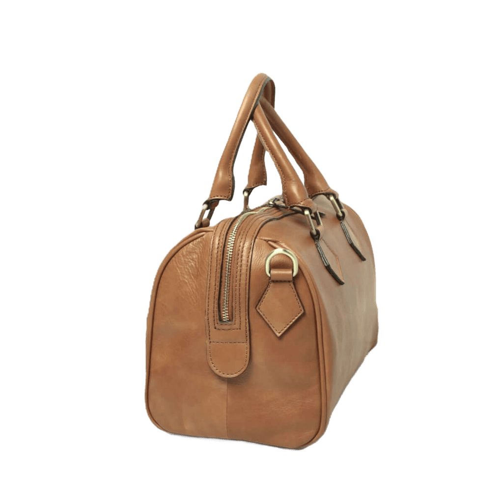 Bauletto in pelle color cuoio con cerniera frontale e due manici