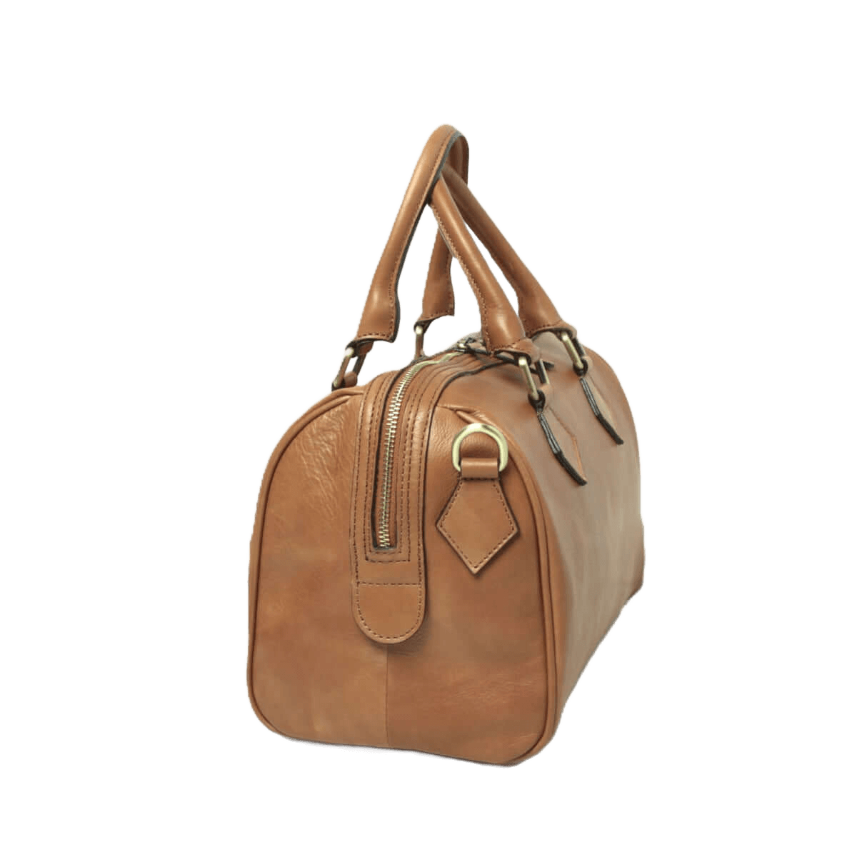 Bauletto in pelle color cuoio con cerniera frontale e due manici