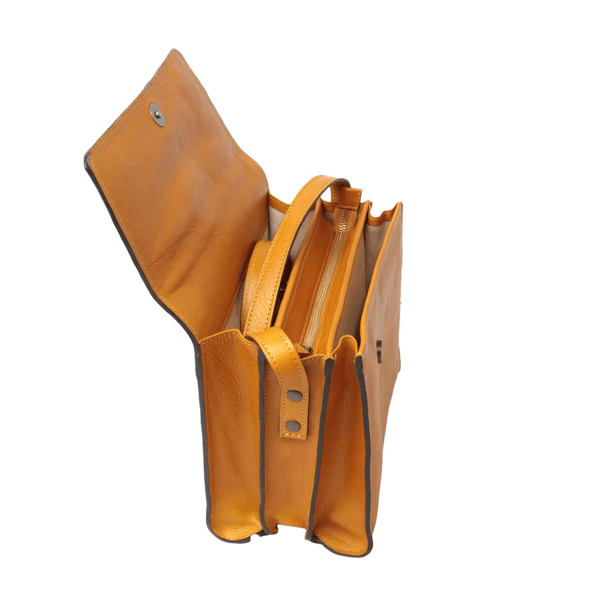 Borsa a tracolla in pelle ocra aperta con tasche interne e chiusure a bottone
