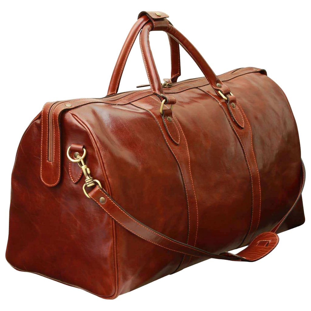 Borsa da viaggio weekend marrone in pelle, cinghia con fibbia e manici