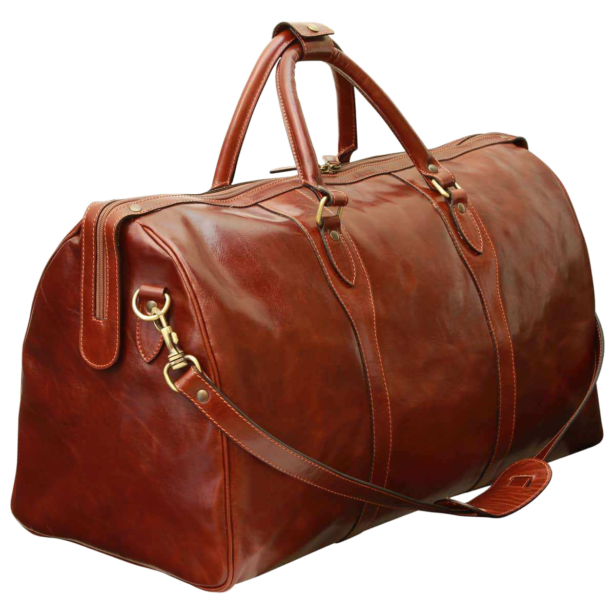 Borsa da viaggio weekend marrone in pelle, cinghia con fibbia e manici