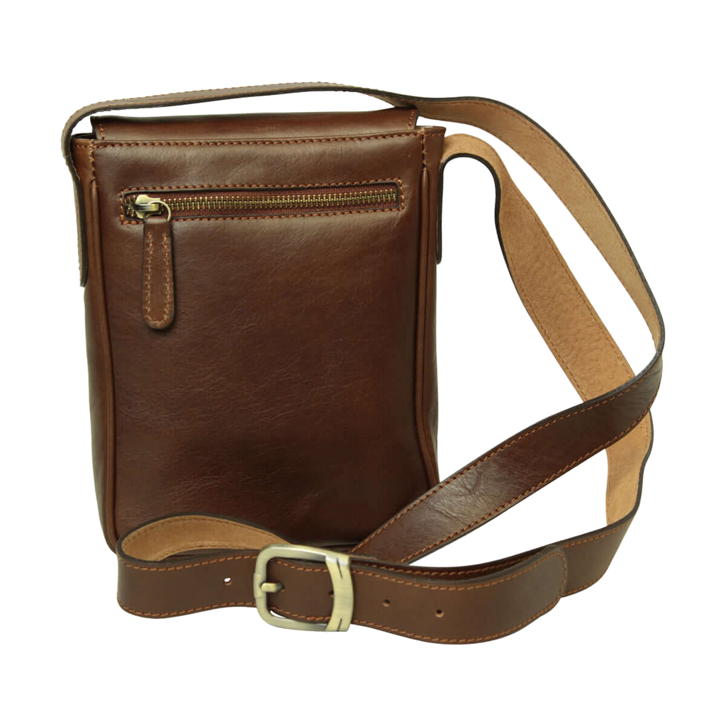 Borsa a tracolla in pelle castagna Old Angler con tasca frontale e zip