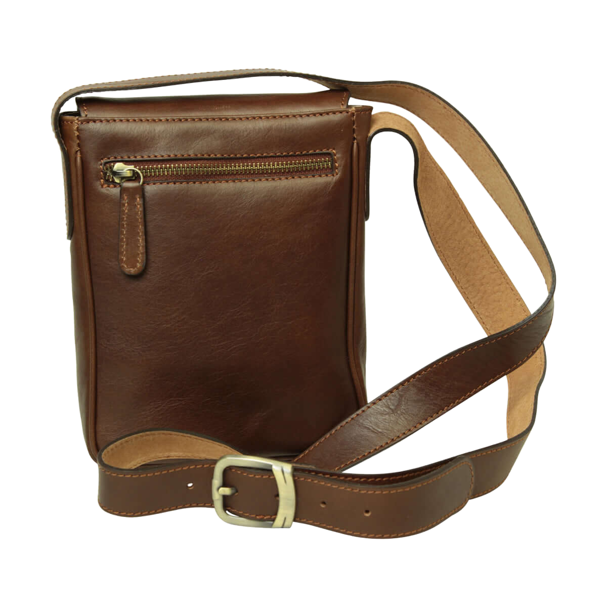 Borsa a tracolla in pelle castagna Old Angler con tasca frontale e zip