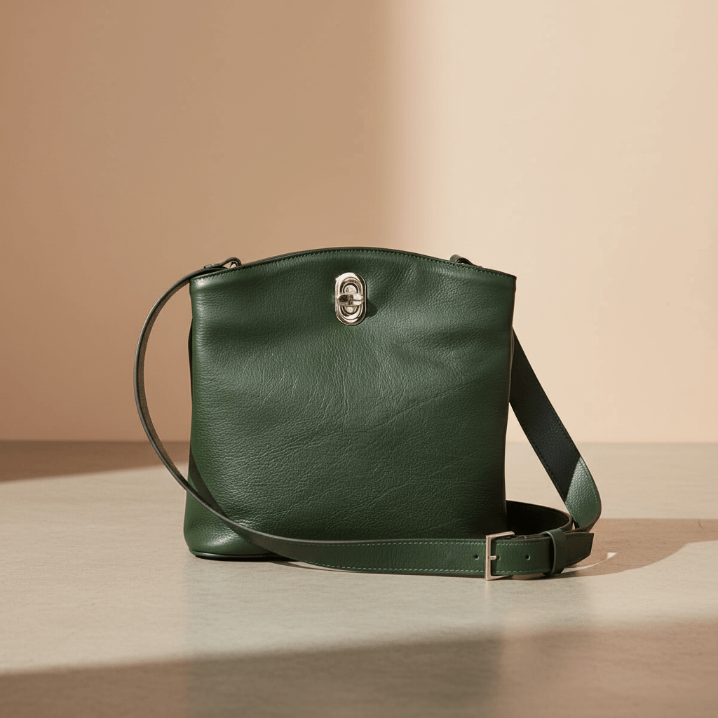 Borsa a secchiello in pelle verde con tracolla, fibbia e dettagli metallici anteriori