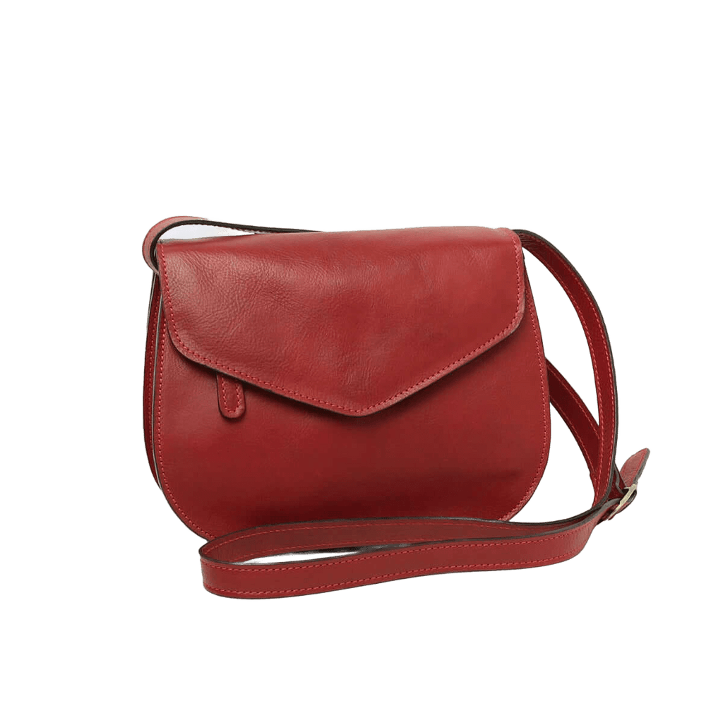 Borsa a tracolla rossa in pelle con patta e tracolla regolabile
