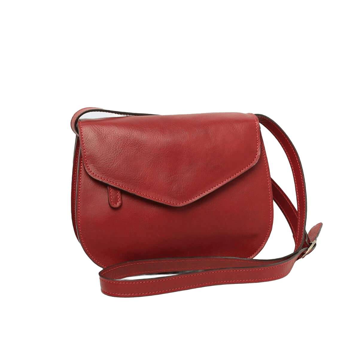 Borsa a tracolla rossa in pelle con patta e tracolla regolabile