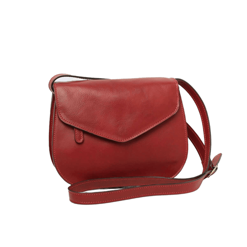 Borsa a tracolla rossa in pelle con patta e tracolla regolabile